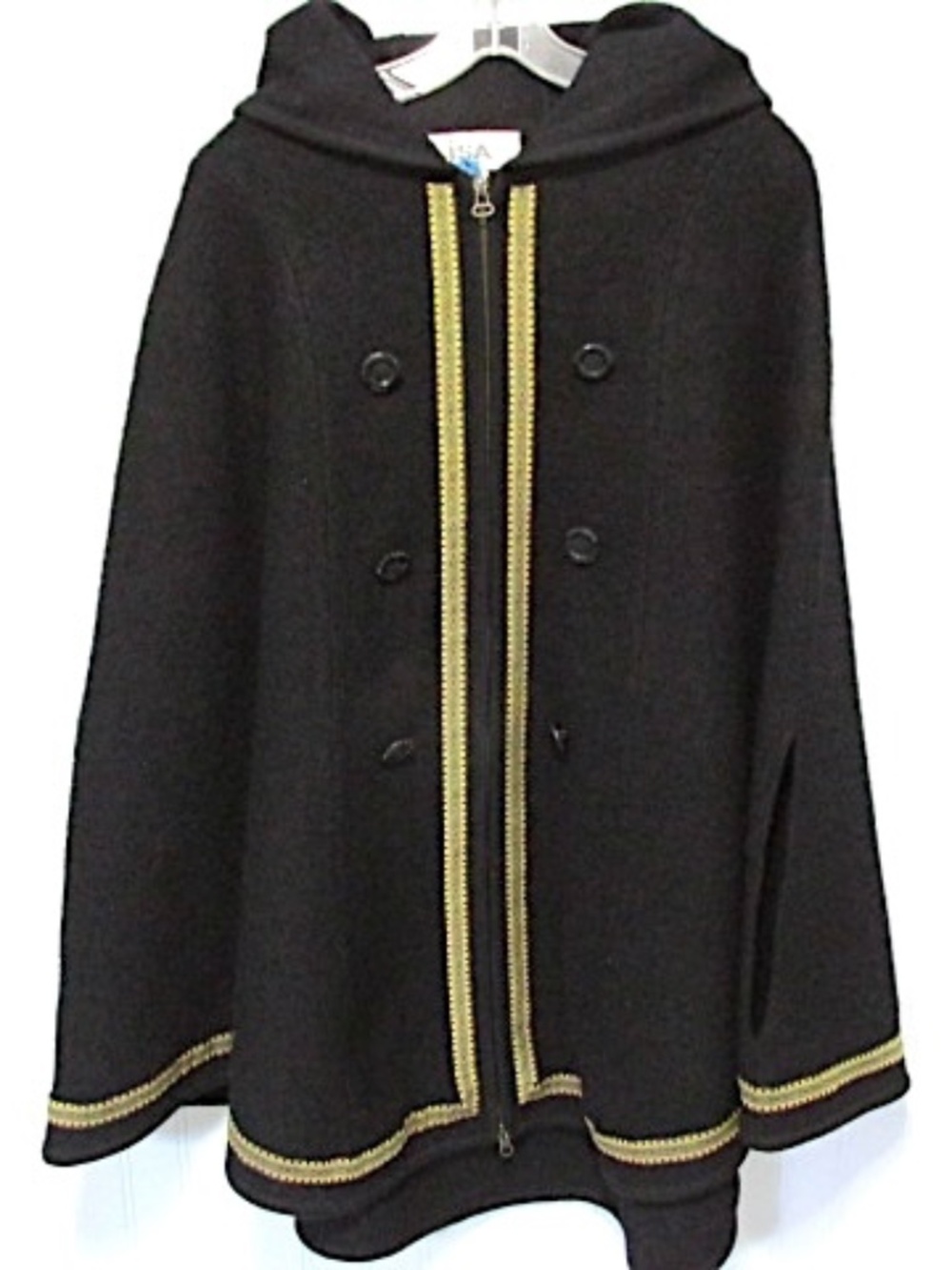 Vintage Black Wool Cape Coat with Trim, Size L